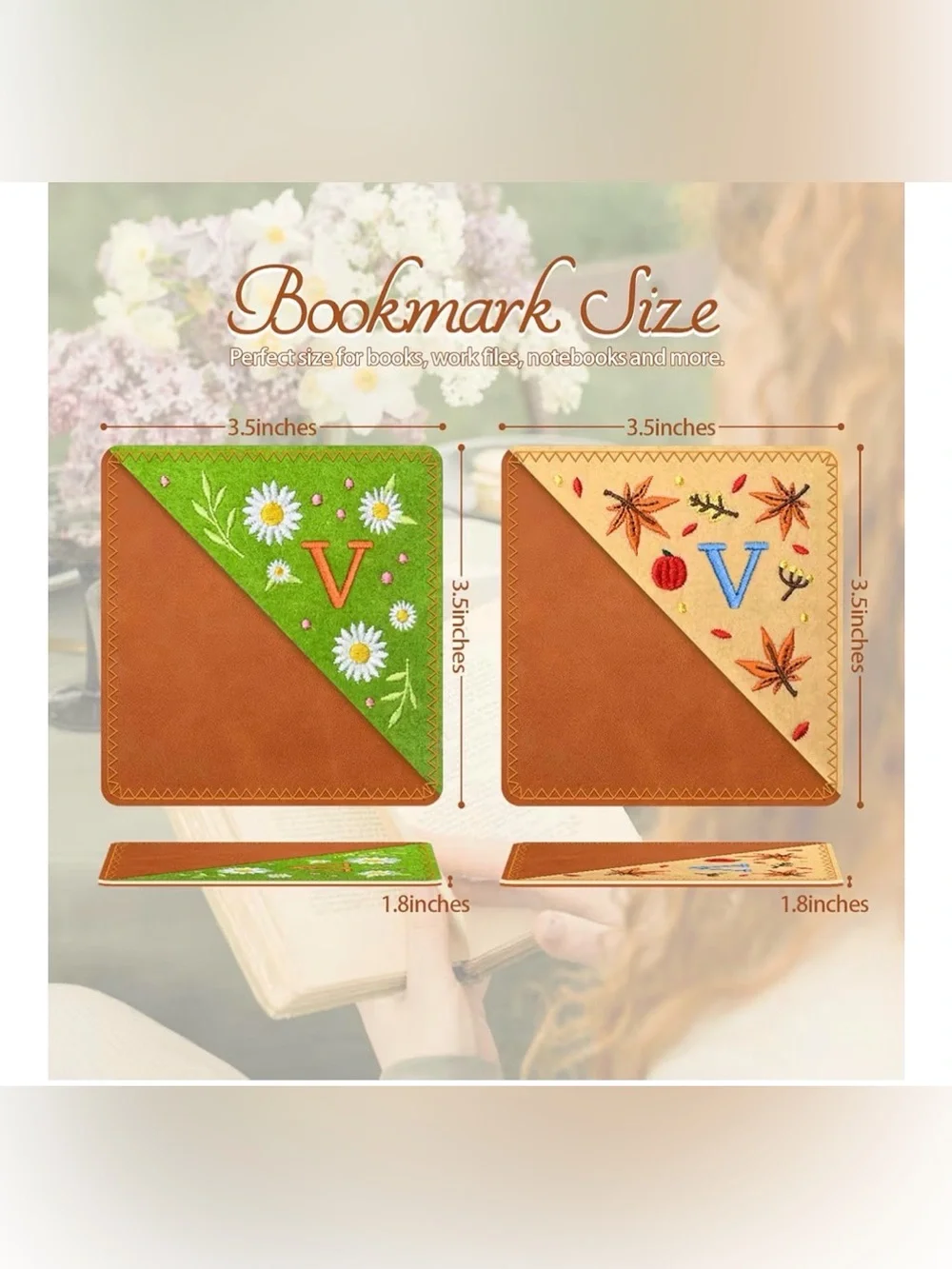 Embroidered Corner Bookmark - Green Daisy. Letters V & W - Picture 2 of 4